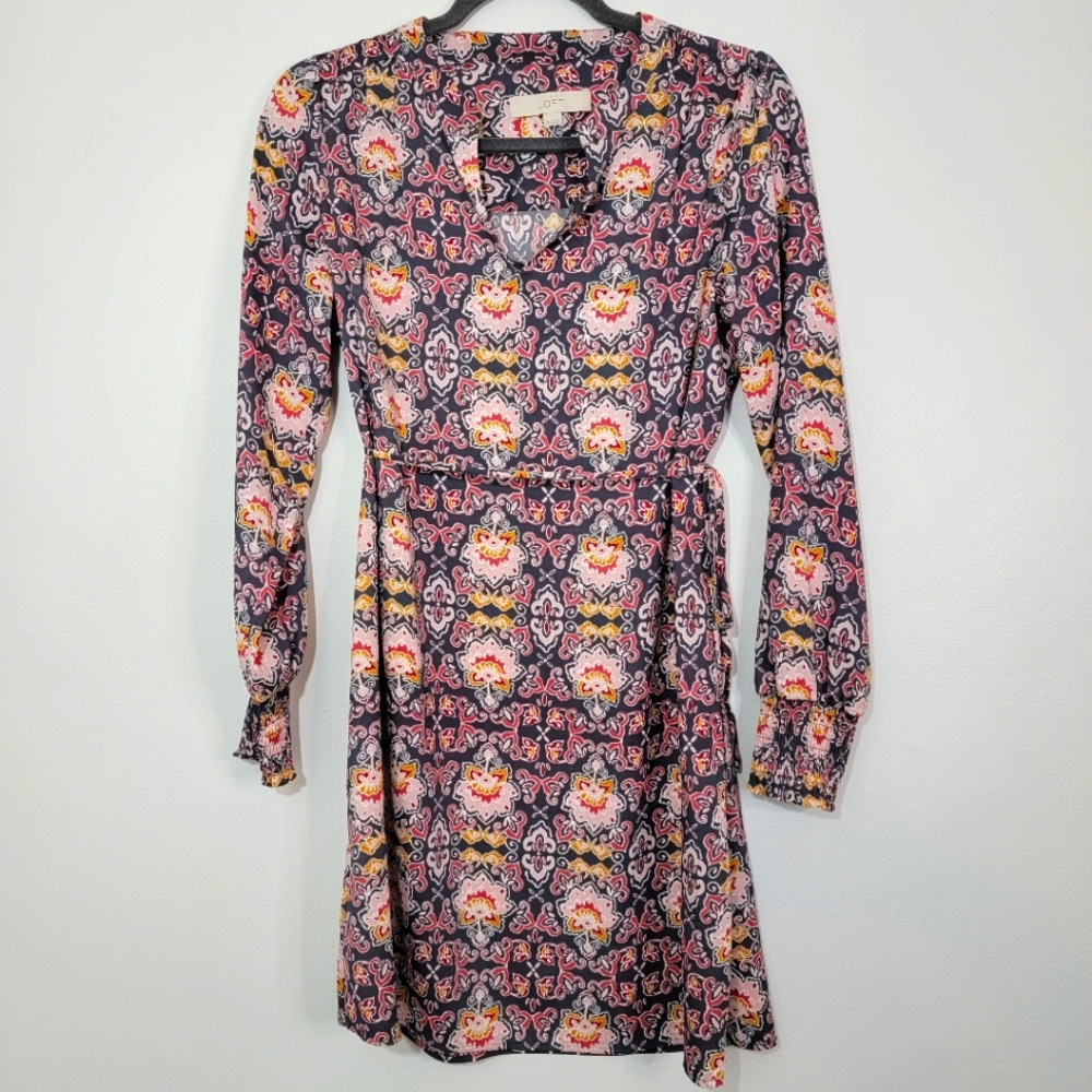 Loft Grey and Pink Pattern Long Sleeve Dress